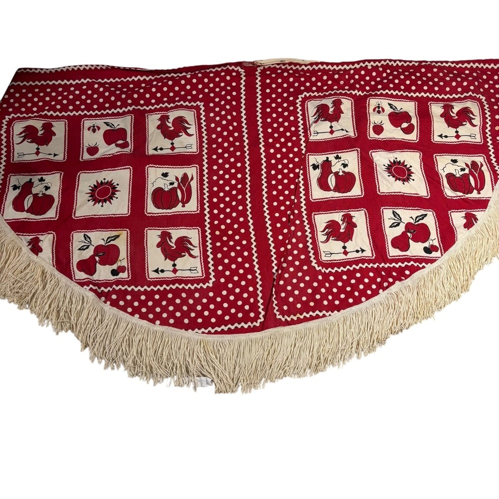Vintage Red & White Polka Dot Rooster Kitchen Table Apron with Fringe Trim